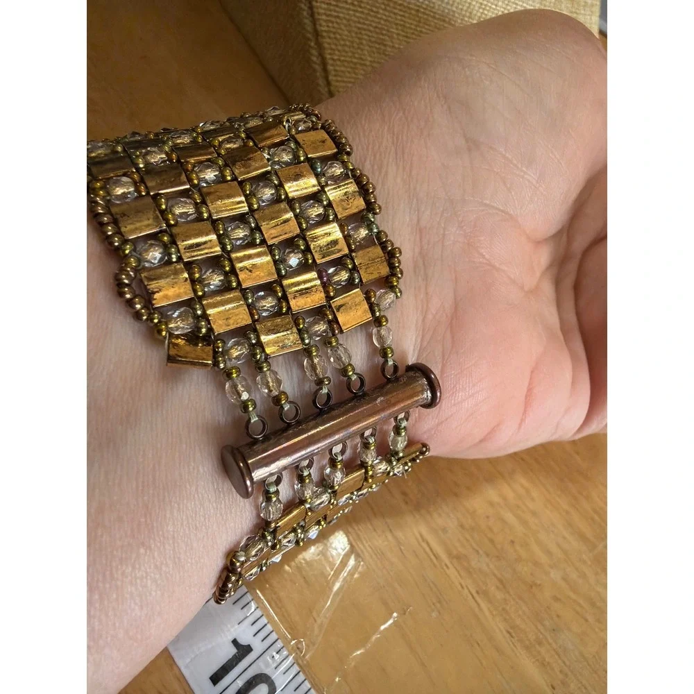 Handmade Gold Tile Beaded Cuff Bracelet Bronze Crystal Statement Slide Clasp